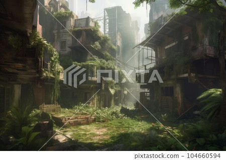 Post apocalyptic city. Road dust. Generate Ai Post apocalyptic city. Road dust. Generate Ai 104660594