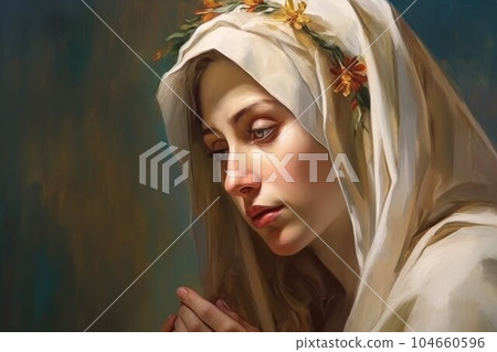 Mary virgin saint. Sacred god prayer. Fictional person. Generate Ai 104660596