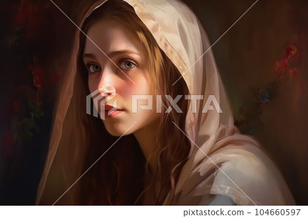 Mary virgin. Holy art religious saint. Fictional person. Generate Ai 104660597