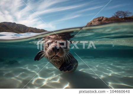 A cute sea otter swimming underwater. Waves on a sandy beach above water. Generative AI A cute sea otter swimming underwater. Waves on a sandy beach above water. Generative AI 104660648