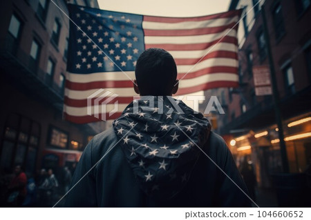 Man saluting us flag. Young person. Fictional person. Generate Ai Man saluting us flag. Young person. Fictional person. Generate Ai 104660652