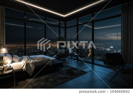 Luxury penthouse bedroom style. Living table. Generate Ai 104660692