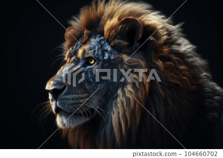 Lion head on black background. Big front hair. Generate Ai 104660702