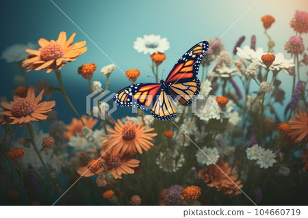 Monarch butterfly on flowers. Spring garden. Generate Ai Monarch butterfly on flowers. Spring garden. Generate Ai 104660719