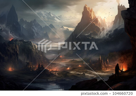 Black fire land liquid. Volcanic disaster. Generate Ai Black fire land liquid. Volcanic disaster. Generate Ai 104660720
