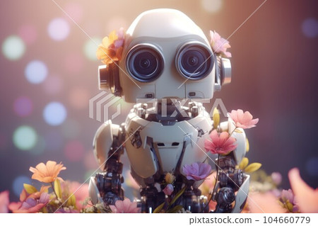 Cute robot girl with flowers. Game plant love. Generate AI 104660779