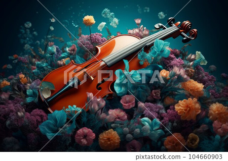 Violin surrounded floral. Classical instrument. Generate Ai 104660903