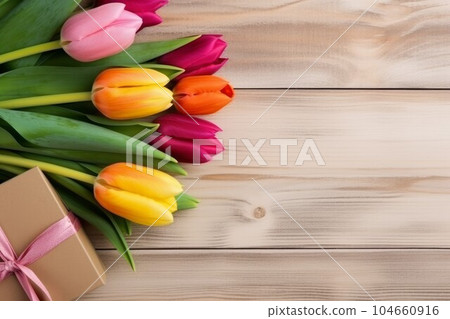 Tulips presents on table. Nature floral card. Generate Ai 104660916