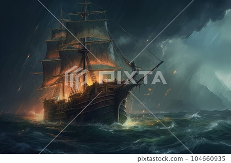 Ship fire in sea storm. Waves wind. Generate Ai 104660935