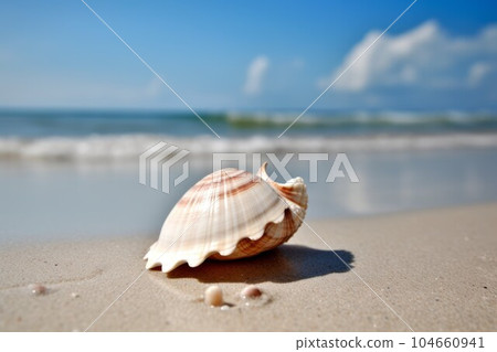 Shell on sea beach. Sun object. Generate Ai 104660941