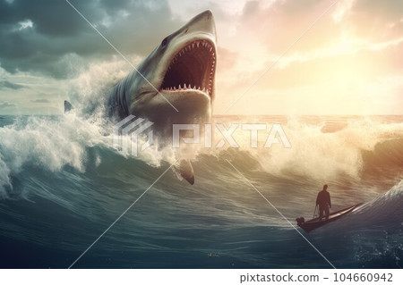Shark sea attack people. Head hunting. Generate Ai 104660942