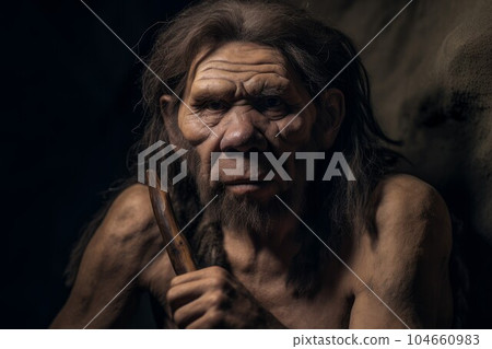 Neanderthal prehistoric caverman. Cave hunter. Fictional person. Generate Ai 104660983