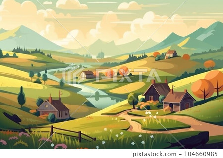 Nature landscape village. Sunset farm. Generate Ai 104660985