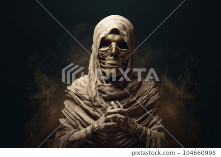 Ancient mummy skeleton. Zombie costume. Generate Ai 104660998