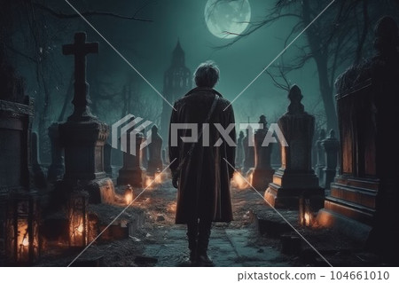 Man graveyard gothic night. Shadow fog. Generate Ai 104661010
