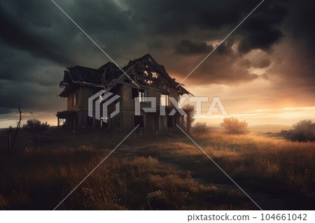 Dramatic old house destroyed. Storm insurance. Generate Ai Dramatic old house destroyed. Storm insurance. Generate Ai 104661042