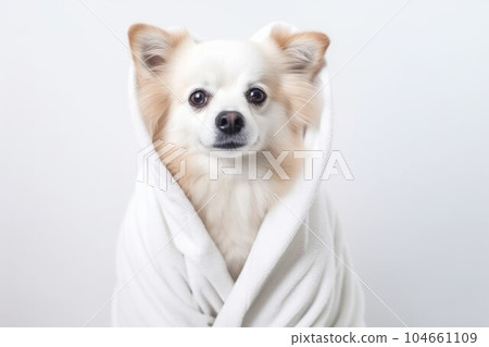 Dog white bathrobe. Relax shower. Generate Ai Dog white bathrobe. Relax shower. Generate Ai 104661109