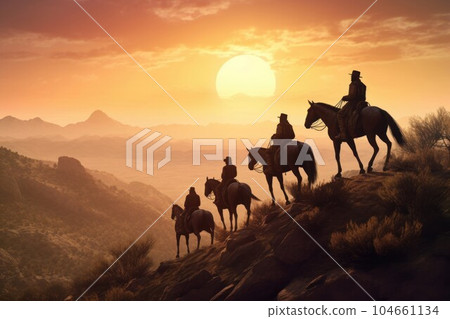 Cowboys horses sunset. Man couple young. Fictional person. Generate Ai Cowboys horses sunset. Man couple young. Fictional person. Generate Ai 104661134