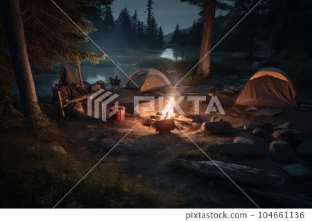 Tent campsite with fire. Forest wild camp. Generate Ai 104661136