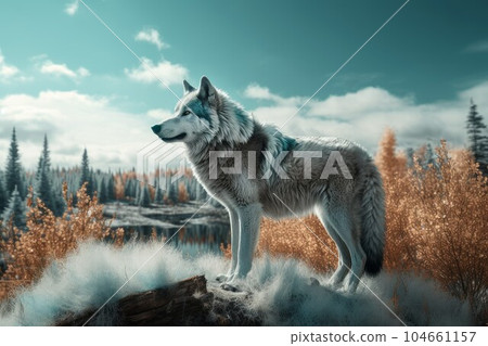Northern landscape with wolf. Forest animal. Generate Ai 104661157