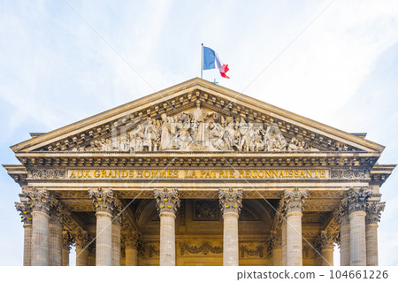 Front view of Tympanum and massive ancient columns of Pantheon in Paris, France Front view of Tympanum and massive ancient columns of Pantheon in Paris, France 104661226