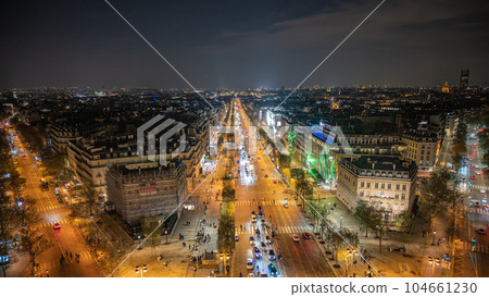 Champs Elysess Avenue night aerial view from Arc de Triomphe de l Etoile, Paris, France 104661230
