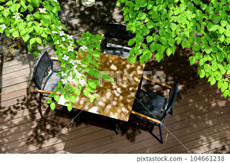 城市的露台上覆蓋著鬱鬱蔥蔥的夏季樹木 104661238