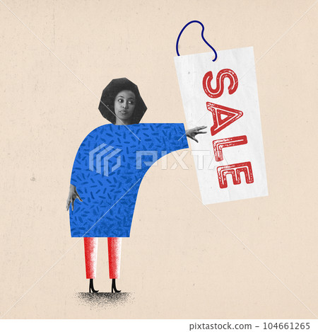 Young african girl going shopping to buy clothes at lower price. Big sales season. Contemporary art collage. Young african girl going shopping to buy clothes at lower price. Big sales season. Contemporary art collage. 104661265