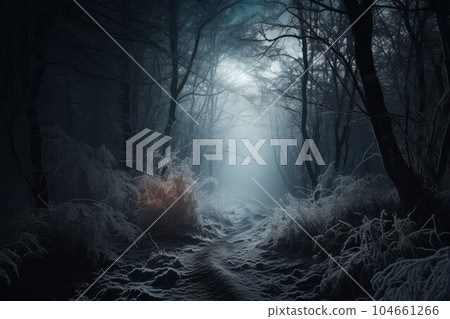 Winter dark forest. Nature fog. Generate Ai Winter dark forest. Nature fog. Generate Ai 104661266
