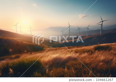 Wind turbines sunset. Power ecology. Generate Ai Wind turbines sunset. Power ecology. Generate Ai 104661267