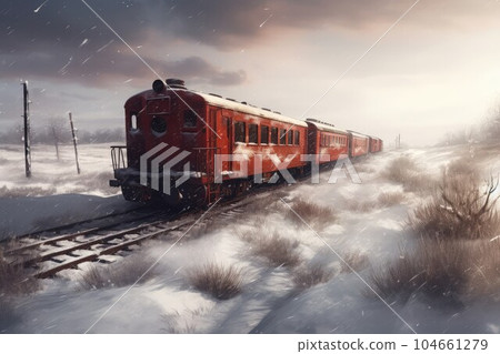 Train winter field. Road forest rail. Generate Ai Train winter field. Road forest rail. Generate Ai 104661279