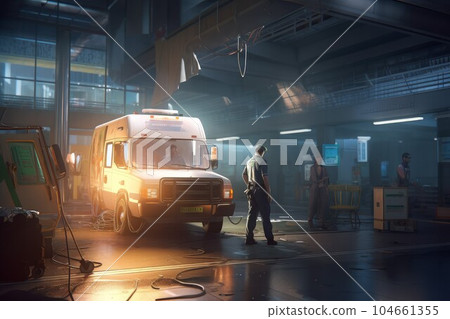 Paramedic works at ambulance car. Accident team. Fictional person. Generate Ai 104661355