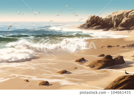 Sea beach seagulls. Water sand. Generate Ai Sea beach seagulls. Water sand. Generate Ai 104661435