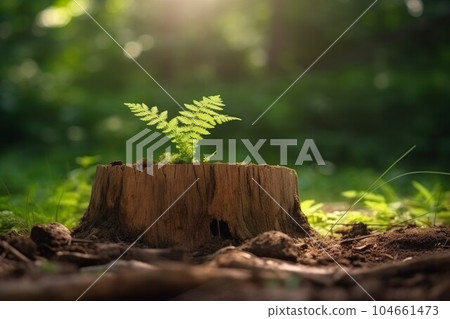 New tree on old stump. New green life. Generate Ai New tree on old stump. New green life. Generate Ai 104661473