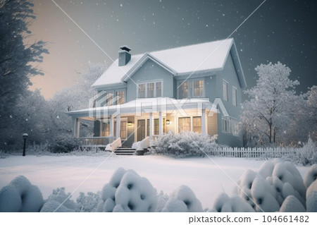 Winter home exterior. Building sky nature. Generate Ai Winter home exterior. Building sky nature. Generate Ai 104661482
