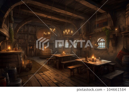 Wood medieval tavern. Game history. Generate Ai 104661584