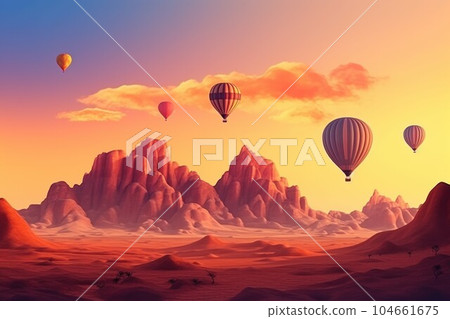 Desert balloon sunset. Sand dune nature. Generate Ai 104661675