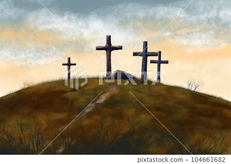 Hill crosses morning. God sunrise. Generate Ai 104661682