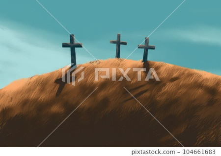 Crosses hill field. Easter holiday. Generate AI 104661683