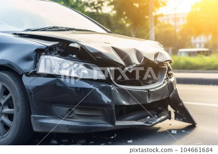 Crashed car auto bumper. Body broken. Generate Ai 104661684