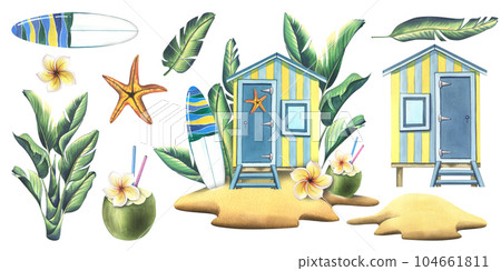 Wooden beach house on the island with tropical leaves, surfboard, coconut cocktail, plumeria flower and starfish. Watercolor illustration, hand drawn. Isolated elements on a white background. Wooden beach house on the island with tropical leaves, surfboard, coconut cocktail, plumeria flower and starfish. Watercolor illustration, hand drawn. Isolated elements on a white background. 104661811