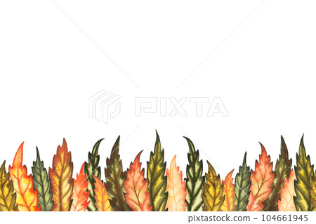 Watercolour seamless border with autumn ashberry rowan leaves hand drawn illustration for greeting card, wedding decor, product decoration, website banner. Isolated on white background 104661945