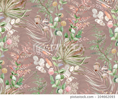 Seamless watercolor botanical pattern with tropical palm leaves and herbs in boho style 104662093
