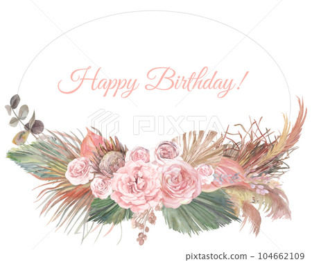Watercolor oval round frame with a bouquet of flowers from light roses and dried flowers 104662109