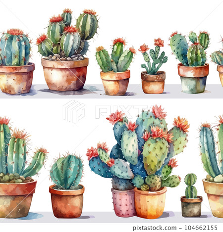 Beautiful watercolor cactus in flower pots seamless pattern. Vector illustration 104662155