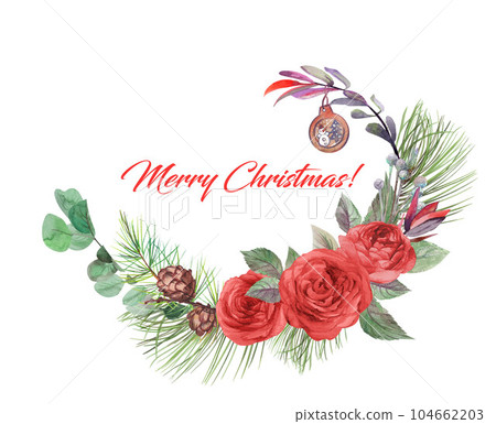 Christmas oval horizontal frame with red roses and spruce branches Christmas oval horizontal frame with red roses and spruce branches 104662203