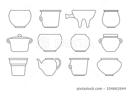 Vector pot and jug icon set. Vector illustration in line art style. Editable stroke 104662644