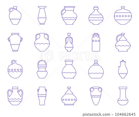 Ancient vases and jugs set in line style. Vector illustration bowl icons set 104662645