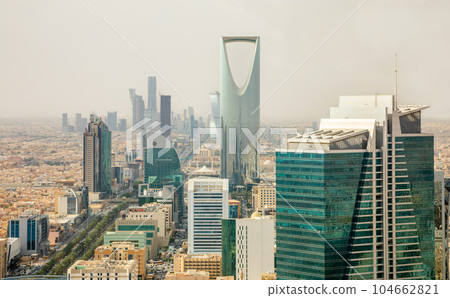 Aerial panorama of downtown of Riyadh city with skyscrapers of Al Olaya central business district, Al Riyadh, Saudi Arabia 104662821