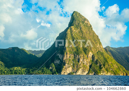 Gros Piton mountain view from the sea, Saint Lucia, West Indies, Caribbean sea Gros Piton mountain view from the sea, Saint Lucia, West Indies, Caribbean sea 104662860